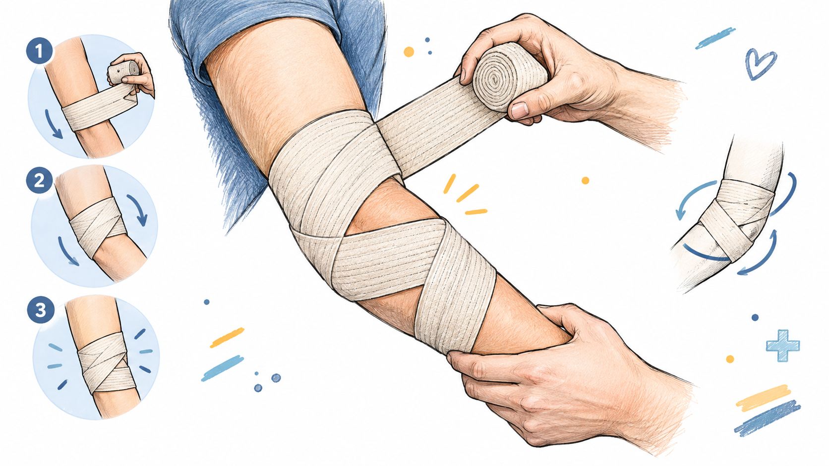 A step-by-step medical illustration showing how to properly wrap an elbow with an elastic compression bandage.