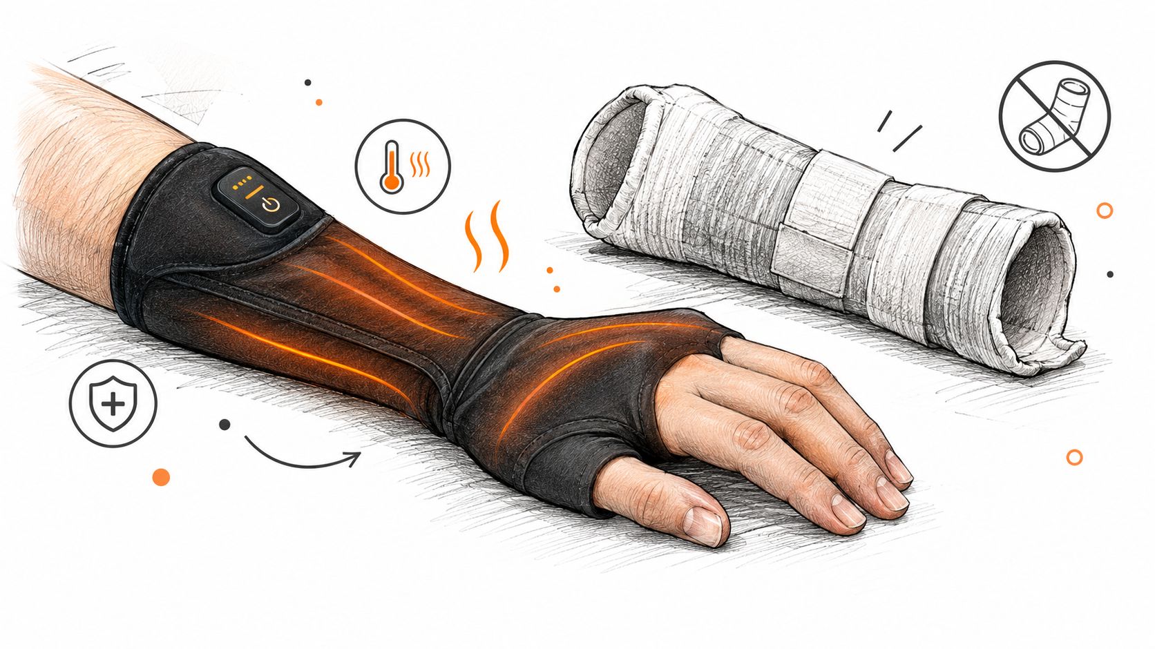 A digital illustration showing a heated wrist brace worn on an arm alongside a traditional medical cast.