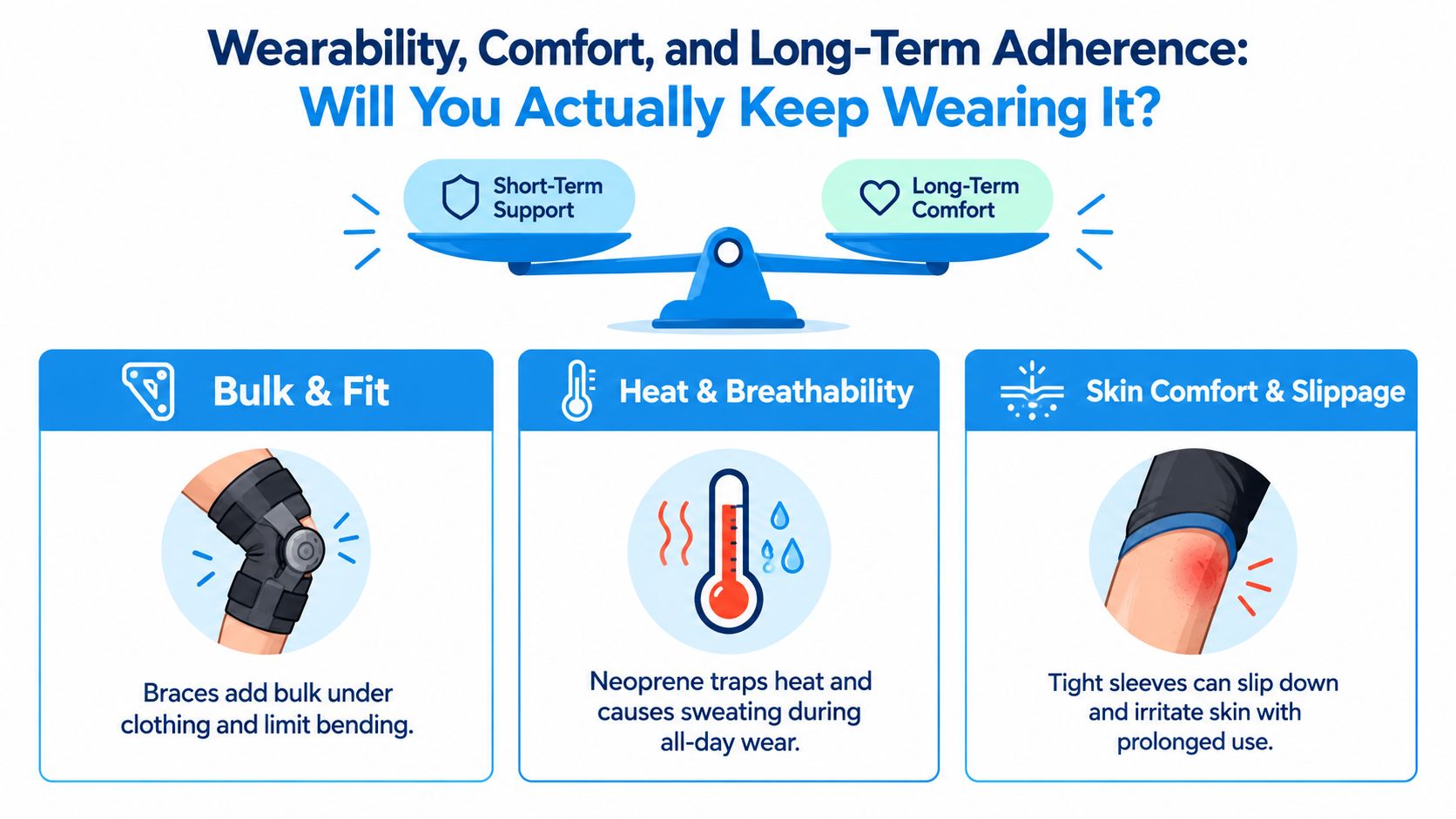 An infographic comparing knee braces and sleeves, highlighting challenges like bulk, heat, and skin irritation for wearers.