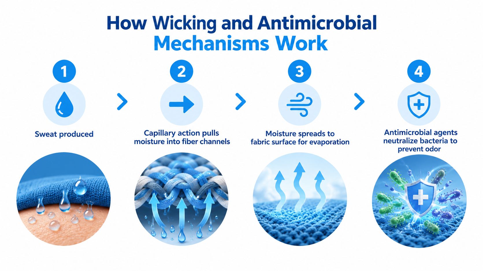 A four-step infographic illustrating how fabric wicking and antimicrobial mechanisms manage sweat, moisture, and bacteria odor.