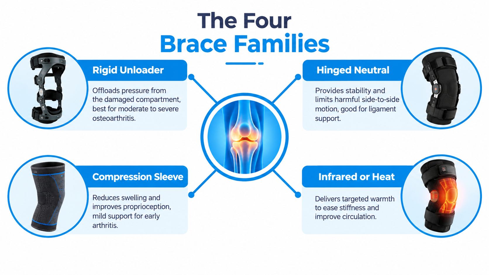 A diagram illustrating the four common families of knee braces for arthritis and joint pain management.