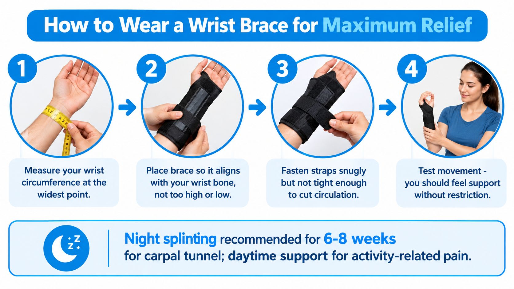 A four-step infographic showing how to properly measure, apply, and adjust a supportive wrist brace for relief.