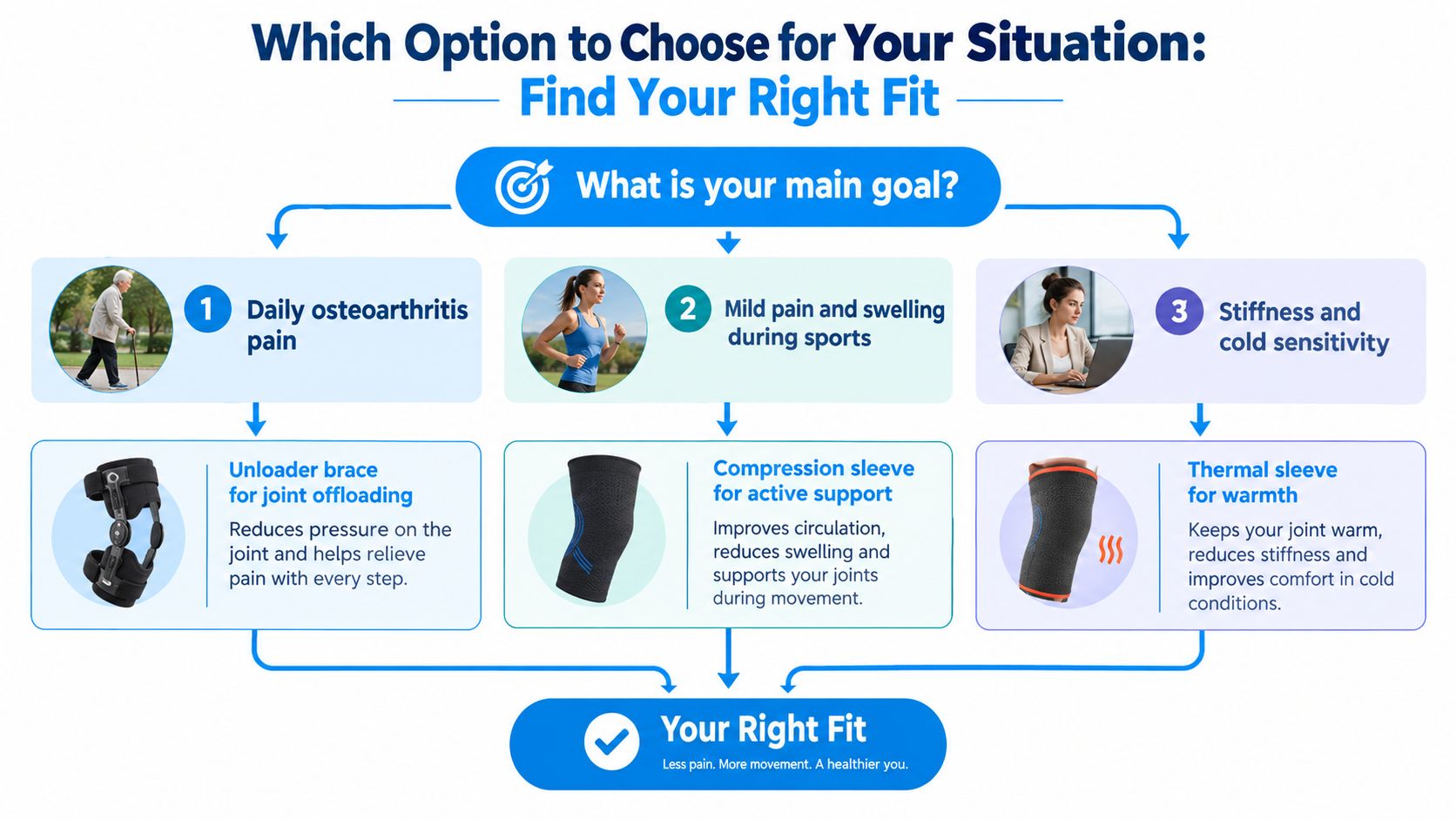 A decision flowchart helping users choose between an unloader brace, compression sleeve, or thermal sleeve for knee pain.