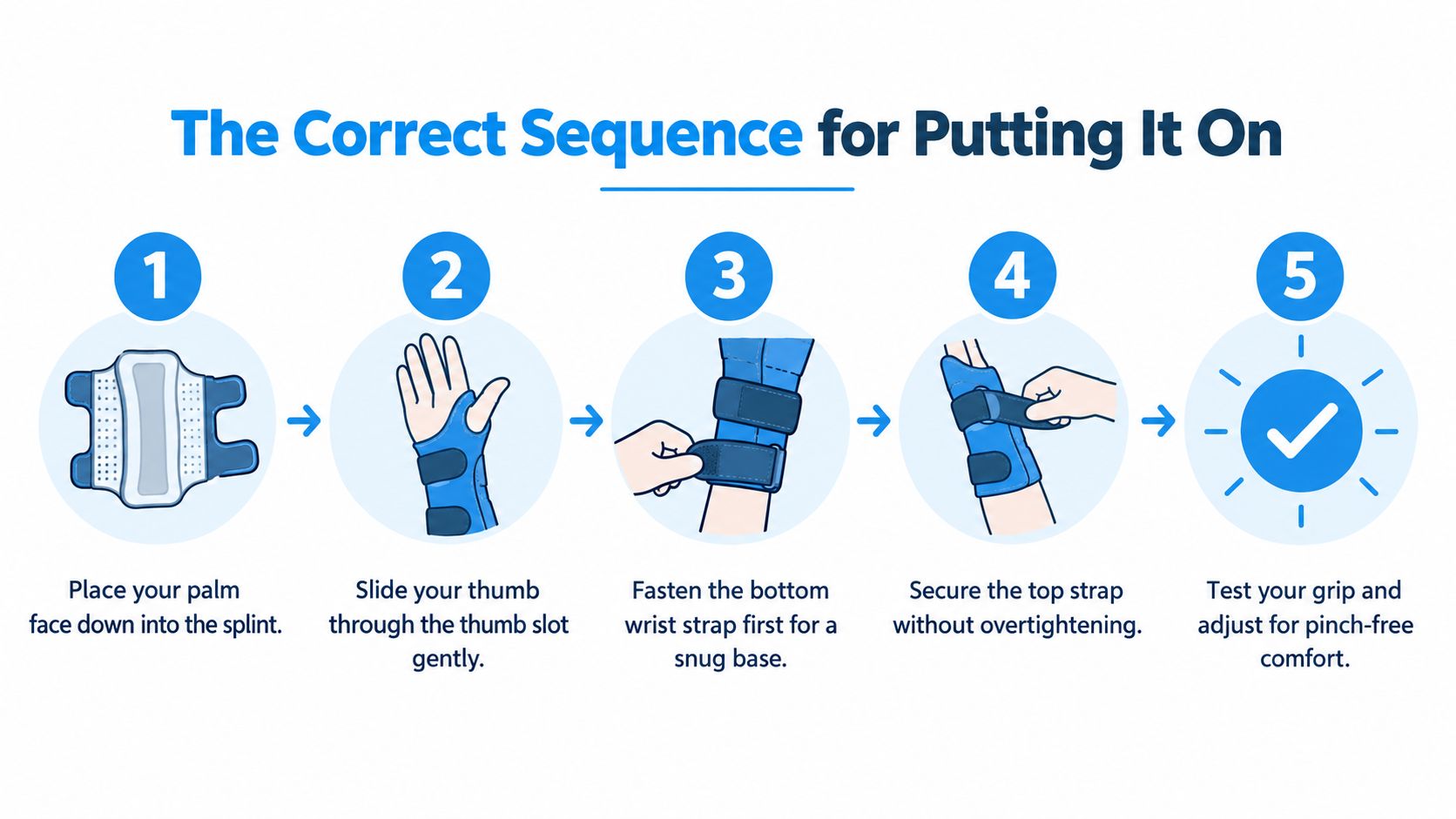 A five-step guide on how to properly wear a wrist brace with a thumb support slot.