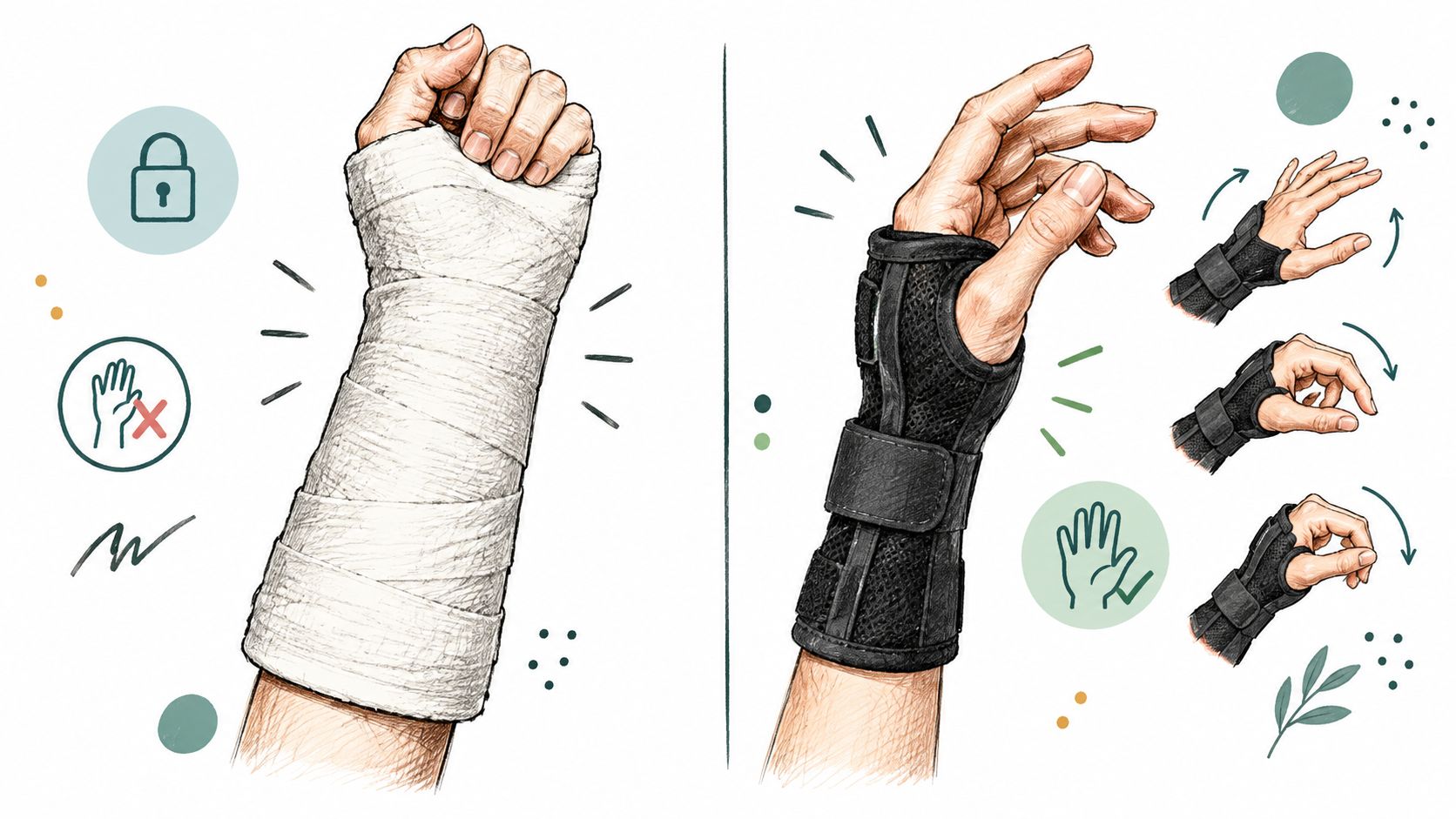 A comparative illustration showing a traditional white medical wrist cast versus a flexible, adjustable black wrist brace.