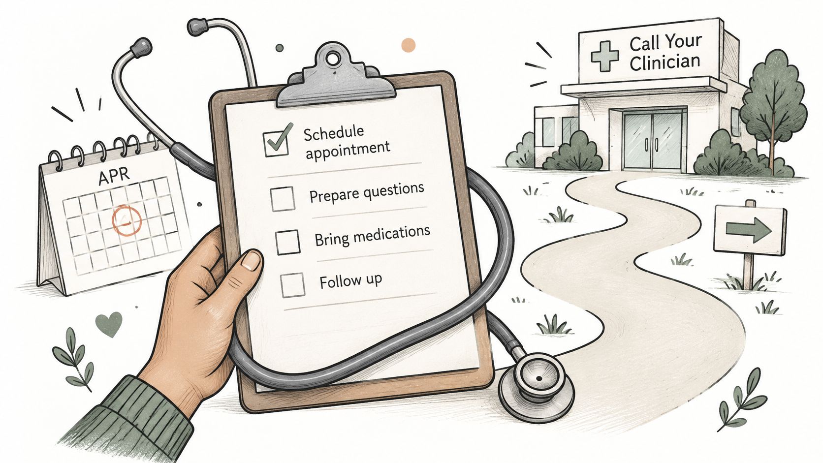 A hand holds a clipboard with a medical checklist featuring an appointment reminder next to a clinic.