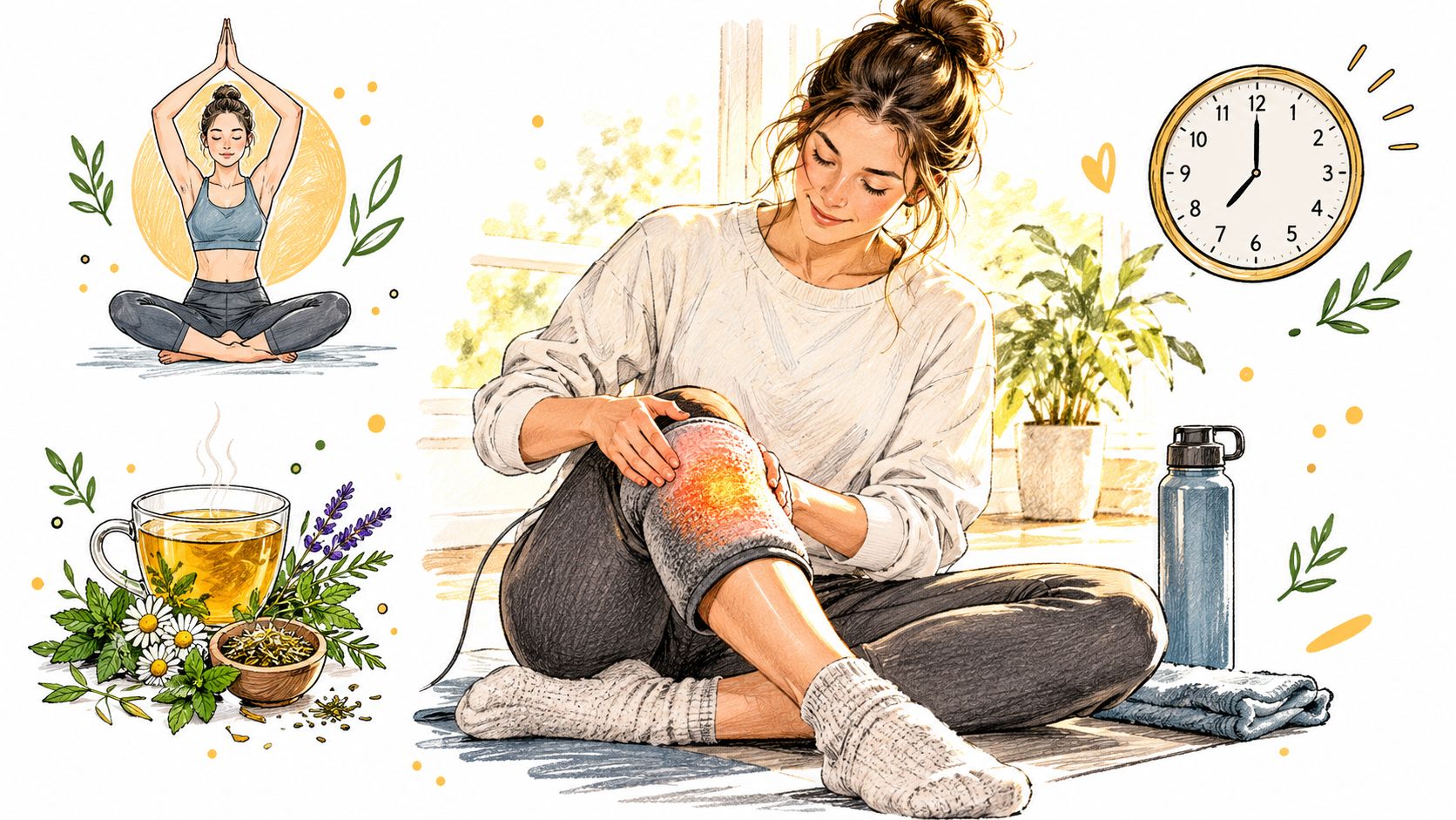 A woman treating knee joint pain at home with a heating pad, herbal tea, and yoga practice.