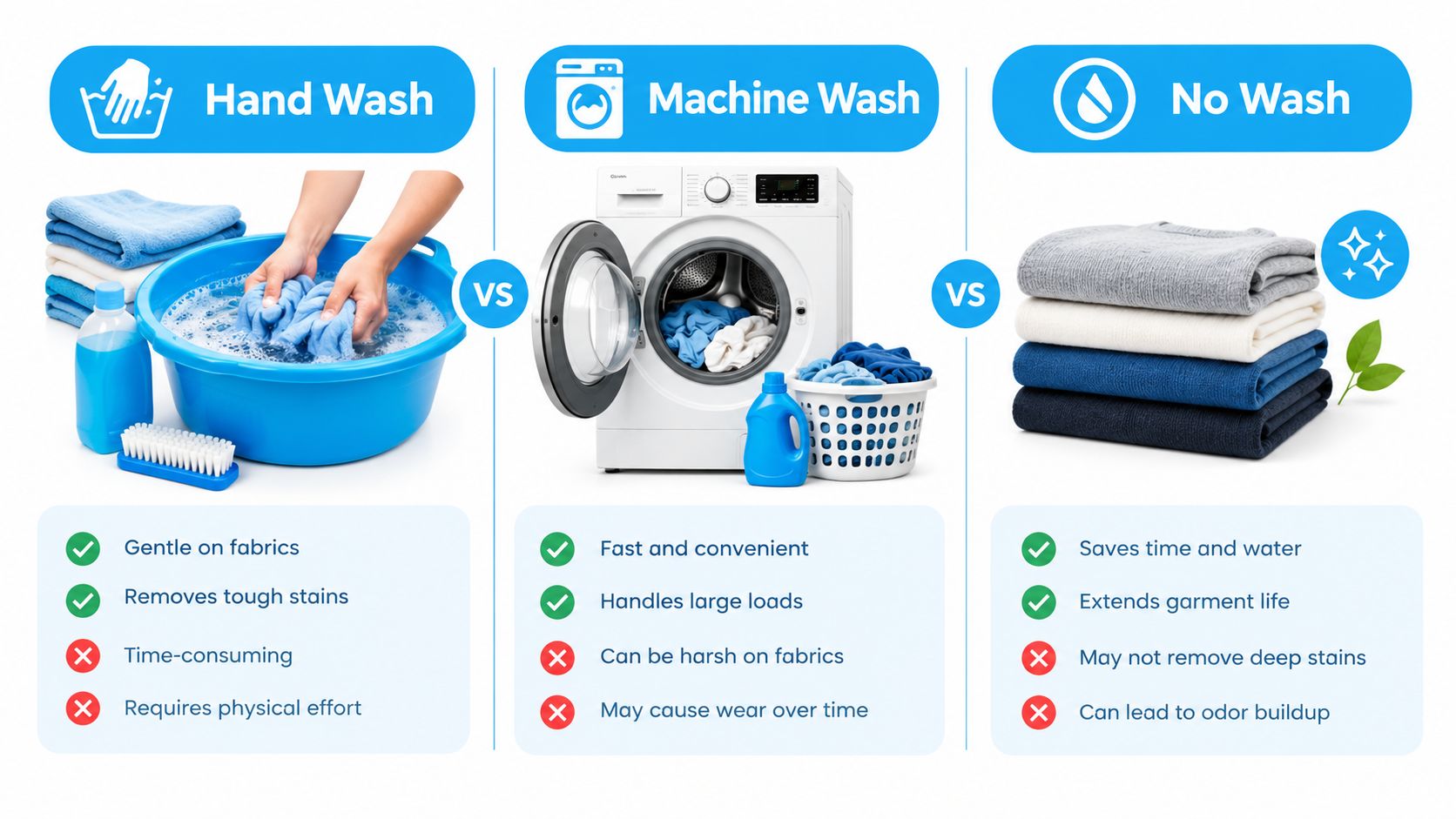 A comparison chart showing the pros and cons of hand washing, machine washing, and no washing laundry.