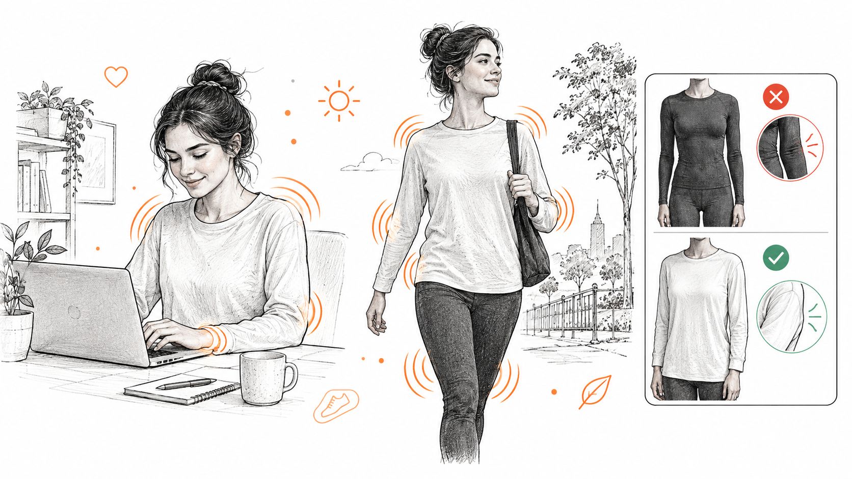 A pencil-sketch illustration of a woman demonstrating the benefits of wearing comfortable clothing for joint pain relief.