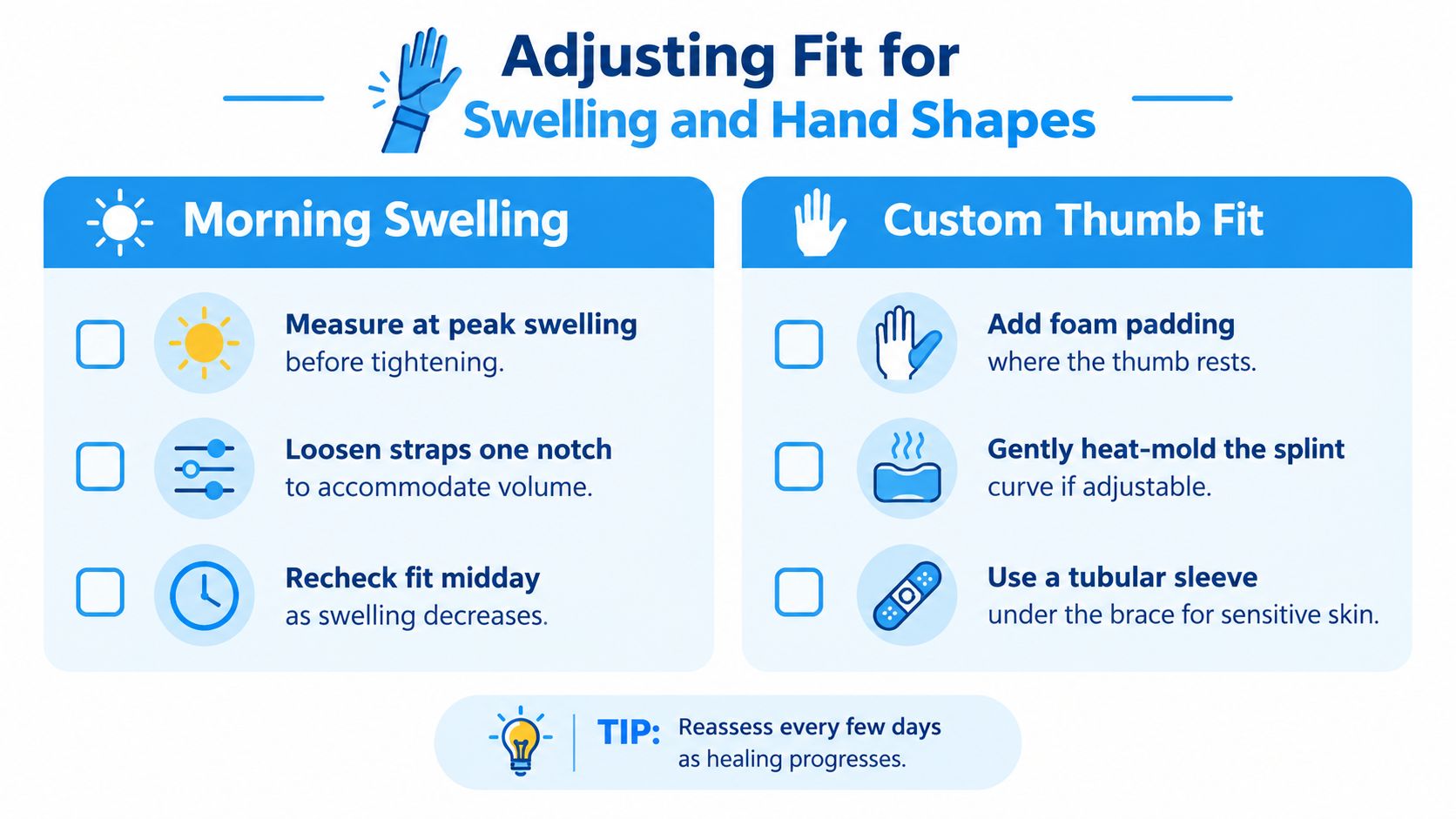 An infographic detailing tips for adjusting a hand splint for morning swelling and custom thumb comfort.