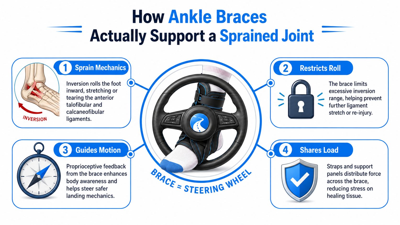 An infographic showing how an ankle brace acts like a steering wheel to support a sprained joint.