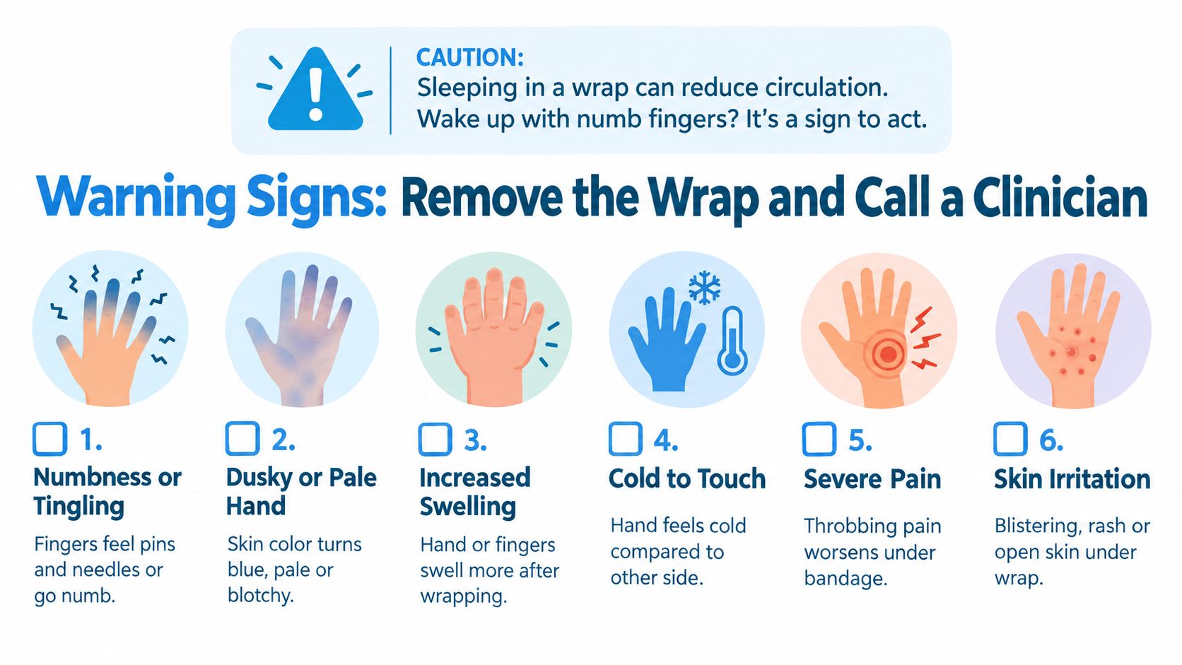 An infographic showing six warning signs that indicate one should remove a bandage and contact a clinician.