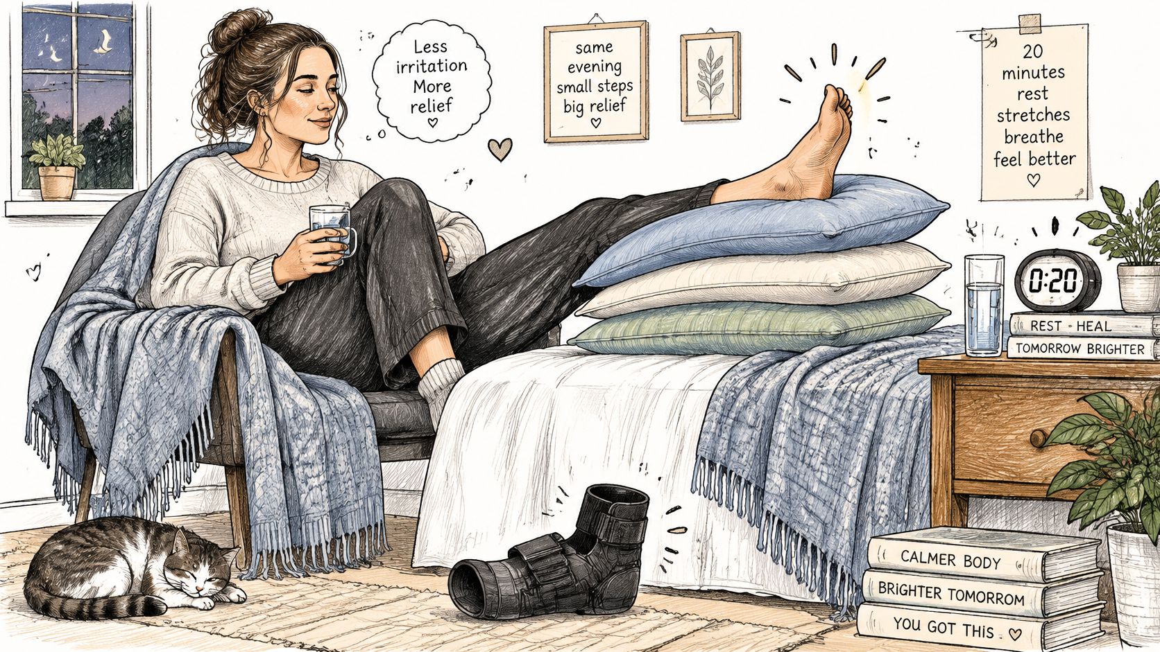 A woman resting on a chair with her foot elevated on pillows while using an ankle brace.