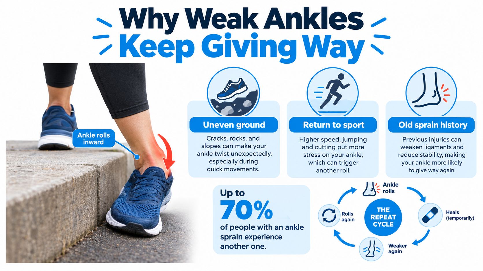 An infographic explaining why weak ankles give way, featuring an ankle rolling on steps and the repeat cycle.