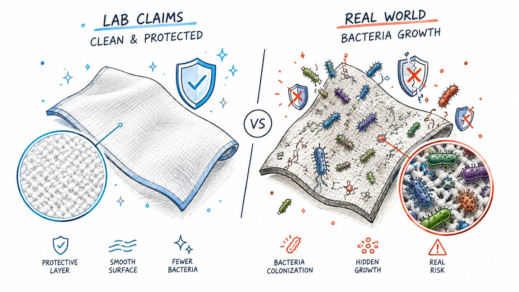 A comparison illustration showing clean fabric in lab claims versus bacteria-filled fabric in real-world scenarios.