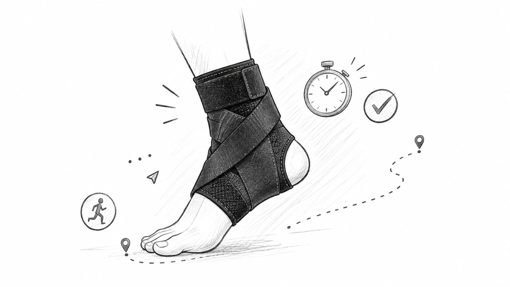 A pencil sketch of an ankle brace secured around a human foot for support and recovery.