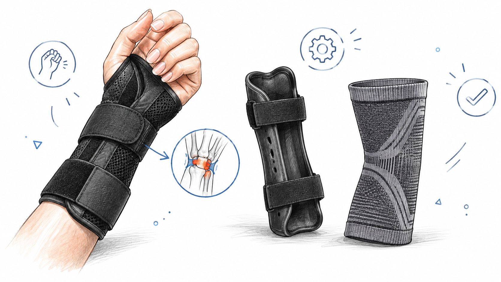 A digital illustration showing a hand brace, a medical wrist splint, and an elastic compression sleeve for support.