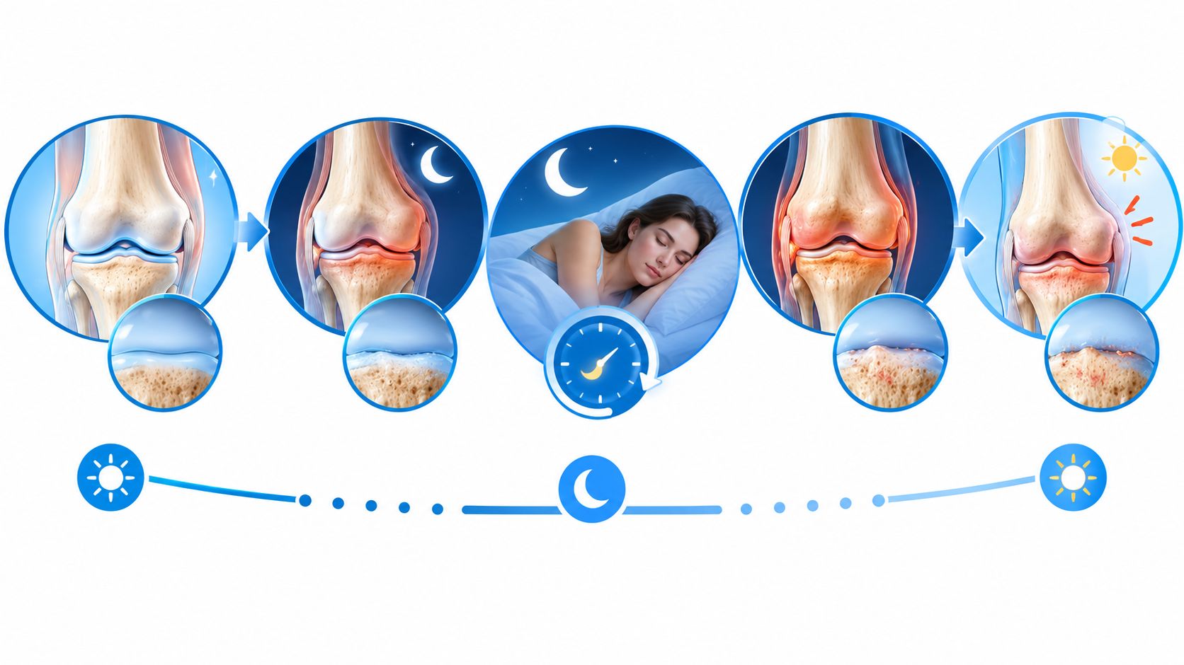 A diagram illustrating the progression of knee joint inflammation and pain during sleep throughout the night.