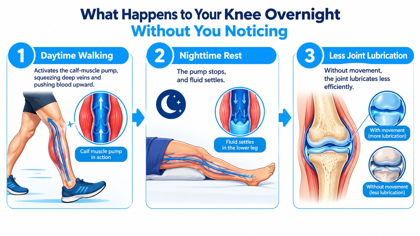 A diagram explaining how leg fluid movement and knee lubrication change during daytime walking and nighttime rest.