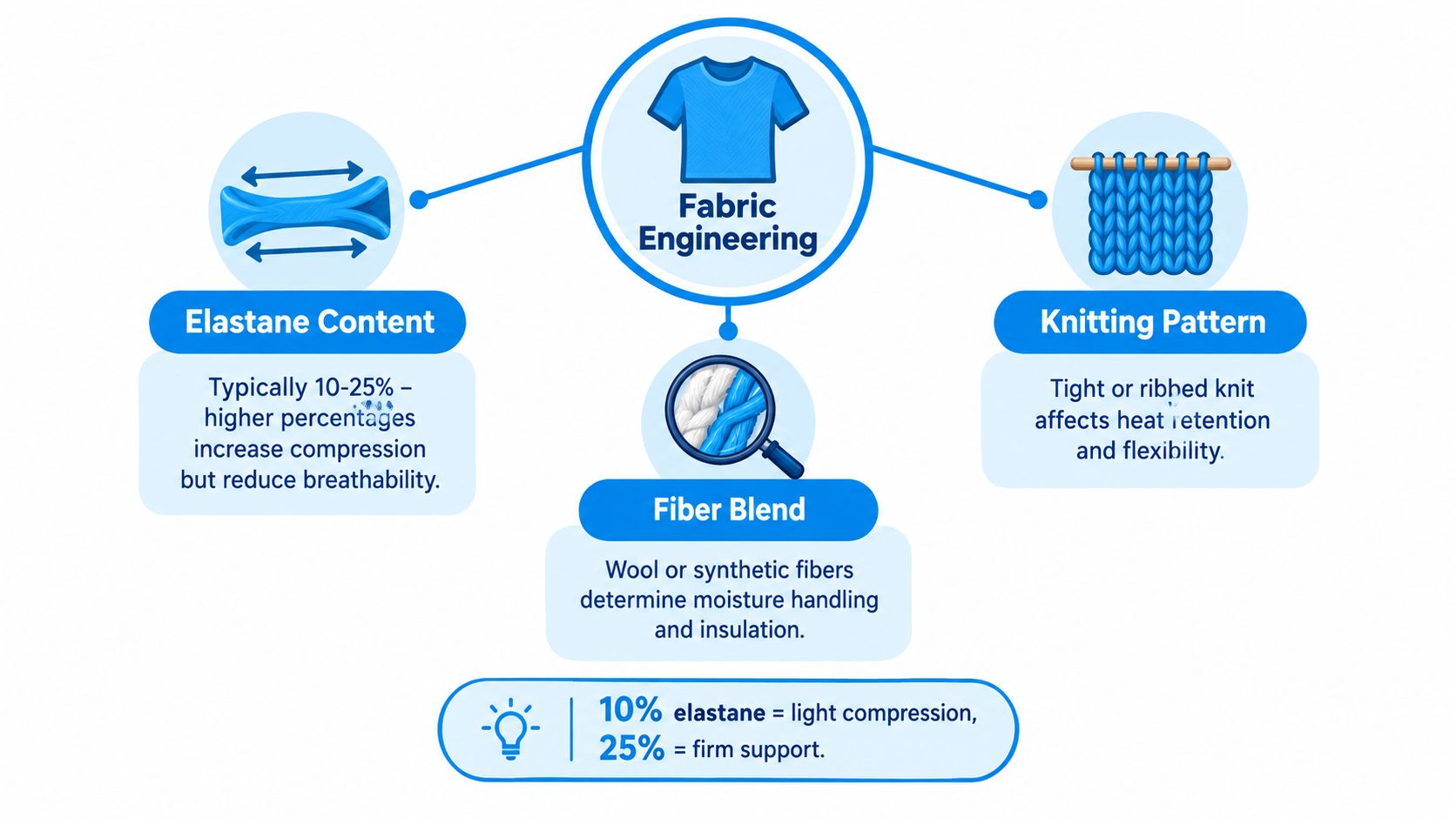 An infographic showing factors of fabric engineering including elastane content, fiber blend, and knitting pattern for shirts.