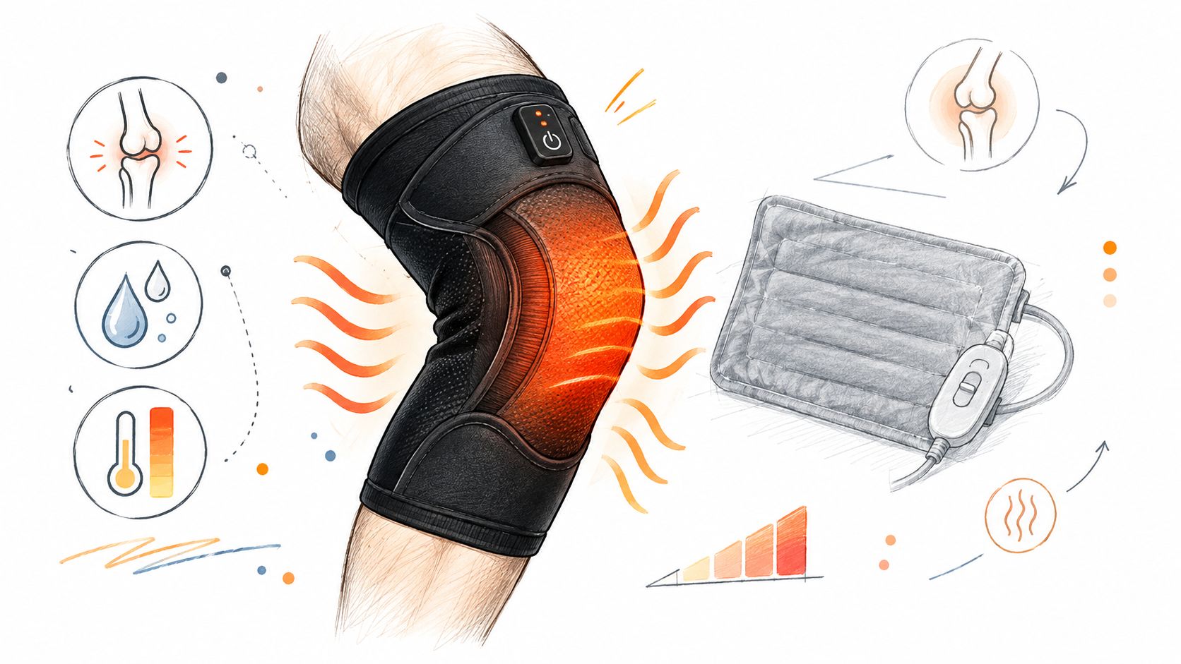 A diagram showing a heated knee brace used for joint pain management with heat intensity settings.