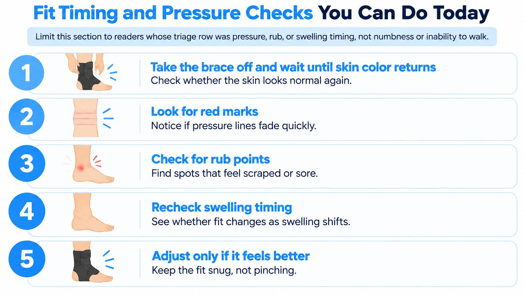 A five-step guide on how to check the fit of an ankle brace to address pressure or swelling.