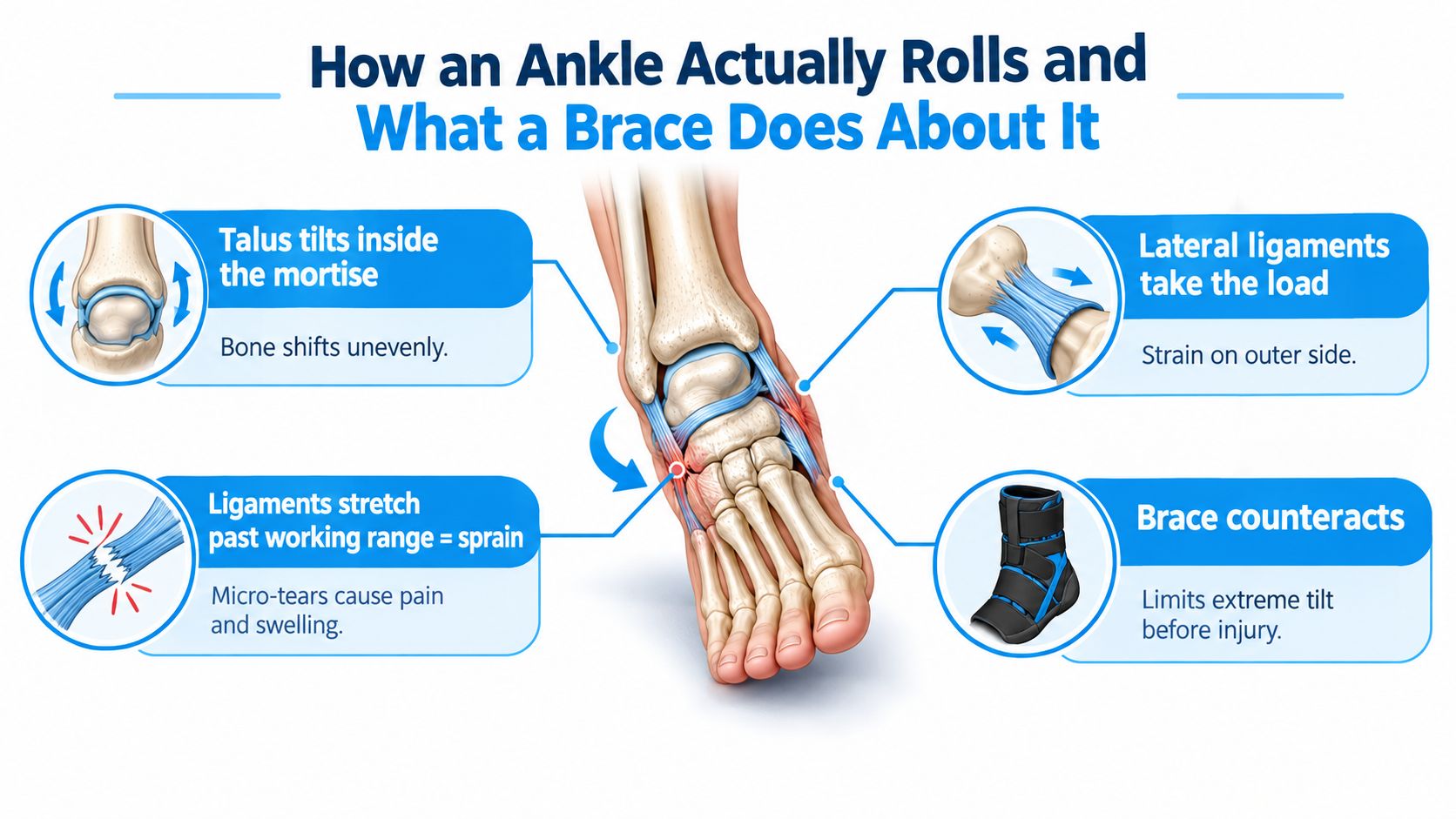 A diagram illustrating how an ankle rolls, causing sprains, and how an ankle brace helps prevent injury.