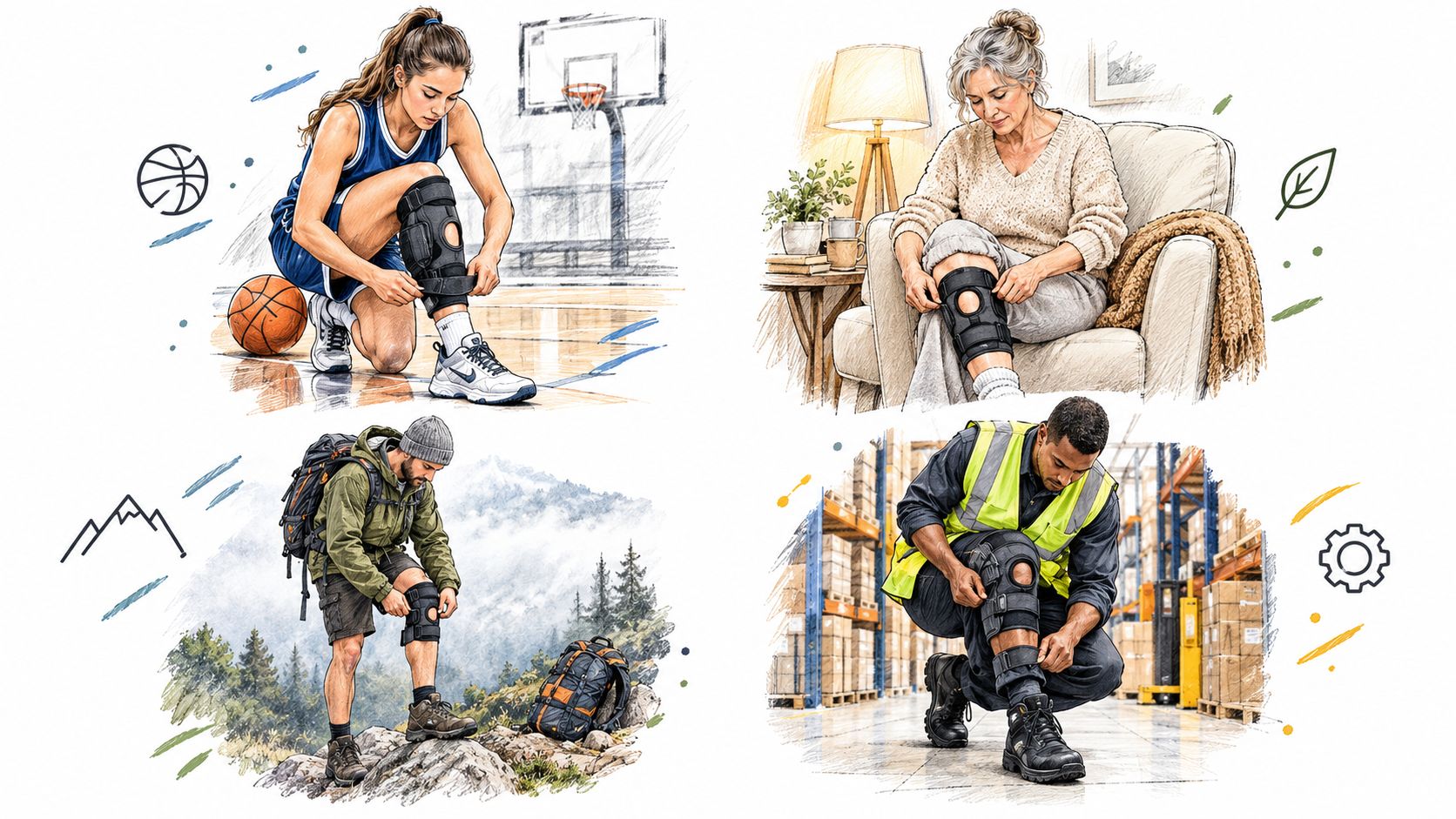 A collage showing different people wearing knee braces for sports, daily activities, hiking, and manual labor work.