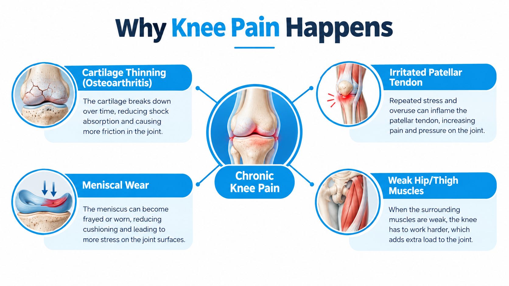 An infographic showing four common anatomical causes of chronic knee pain, including cartilage, tendon, and muscle issues.