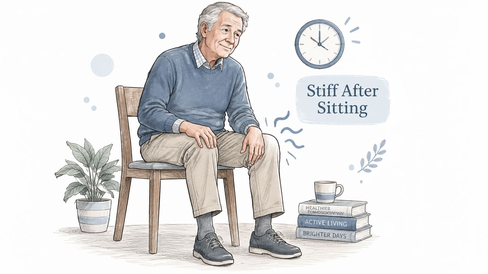 An illustration of an older man sitting on a chair experiencing knee pain and stiffness after sitting.