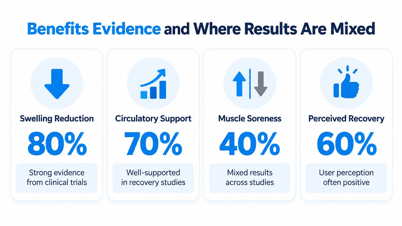 A chart showing benefits evidence for leg recovery compression including percentages for swelling reduction, circulation, soreness, and recovery.