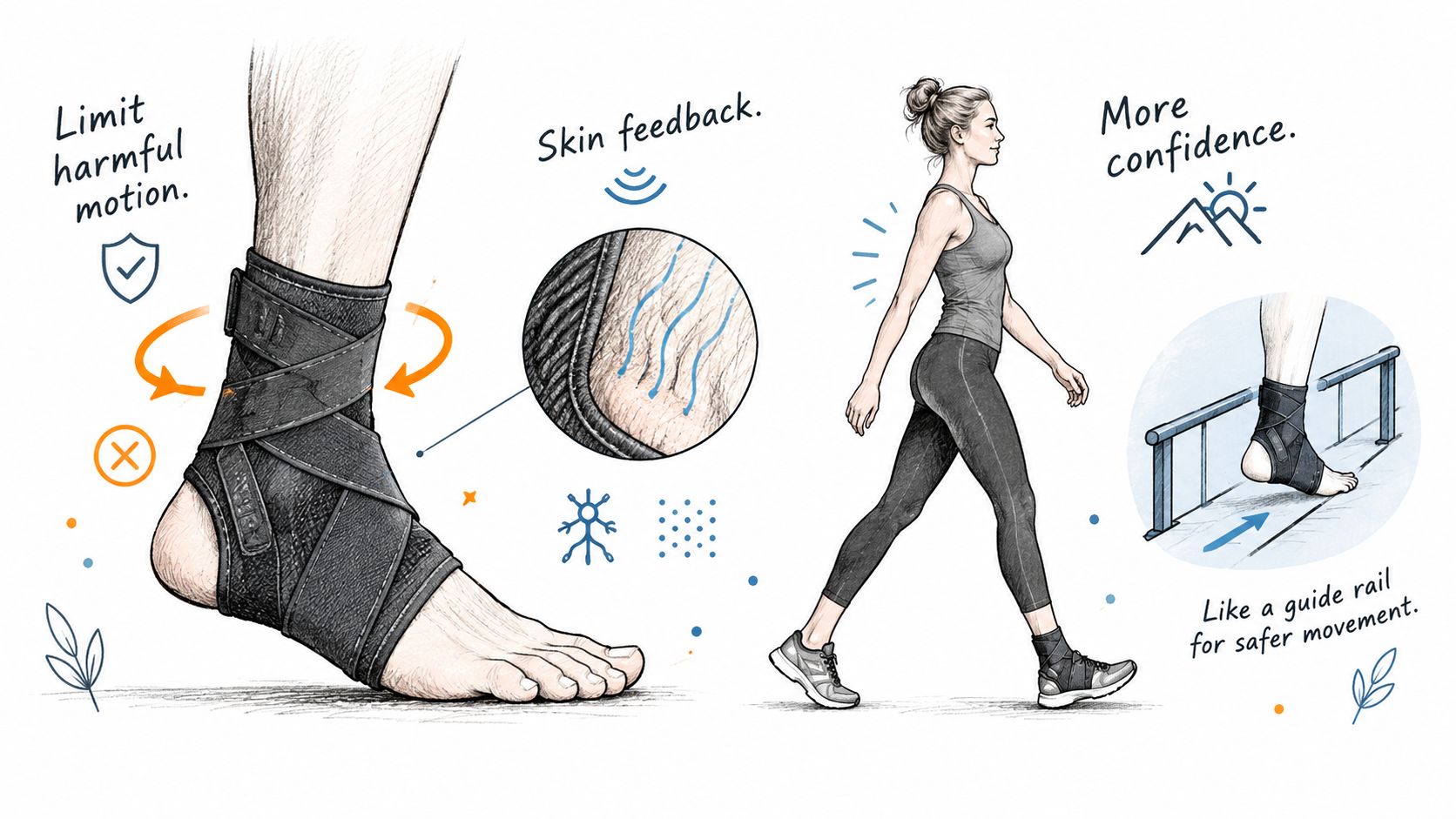 A diagram illustrating the benefits of an ankle support brace, showing improved stability and confidence for users.