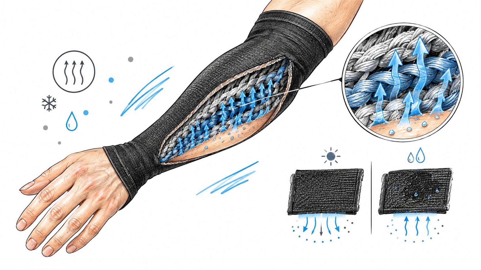 A diagram illustrating how moisture wicking antimicrobial fabric draws sweat away from the skin for cooling comfort.