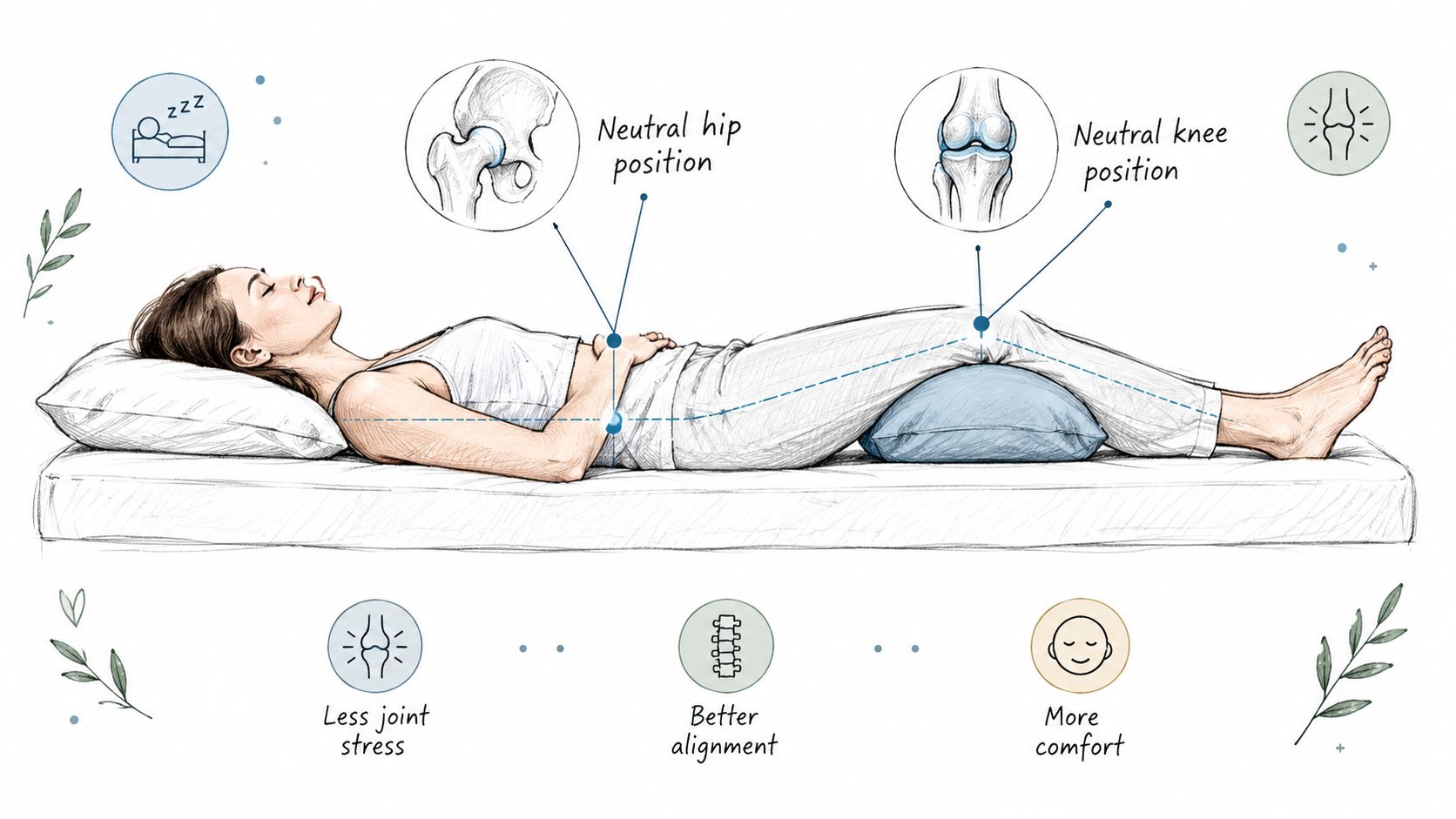 A woman lying on her back using a pillow under her knees for better sleep alignment and comfort.