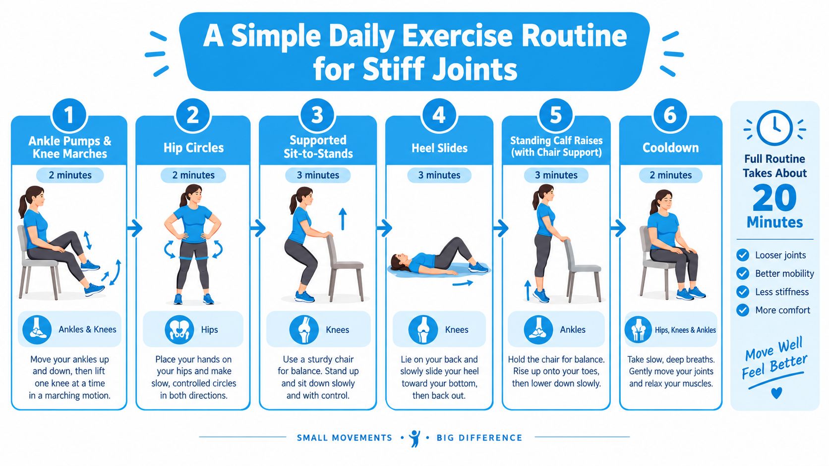 An infographic showing six simple daily exercises with time durations to help improve stiff joints.