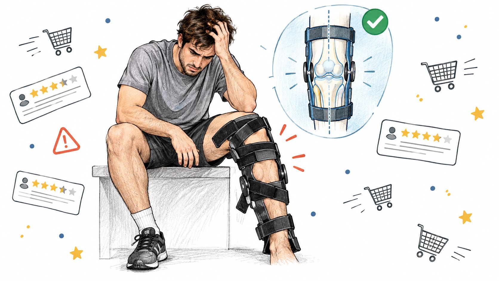 A man looking frustrated while wearing a large leg brace, surrounded by online shopping and rating icons.