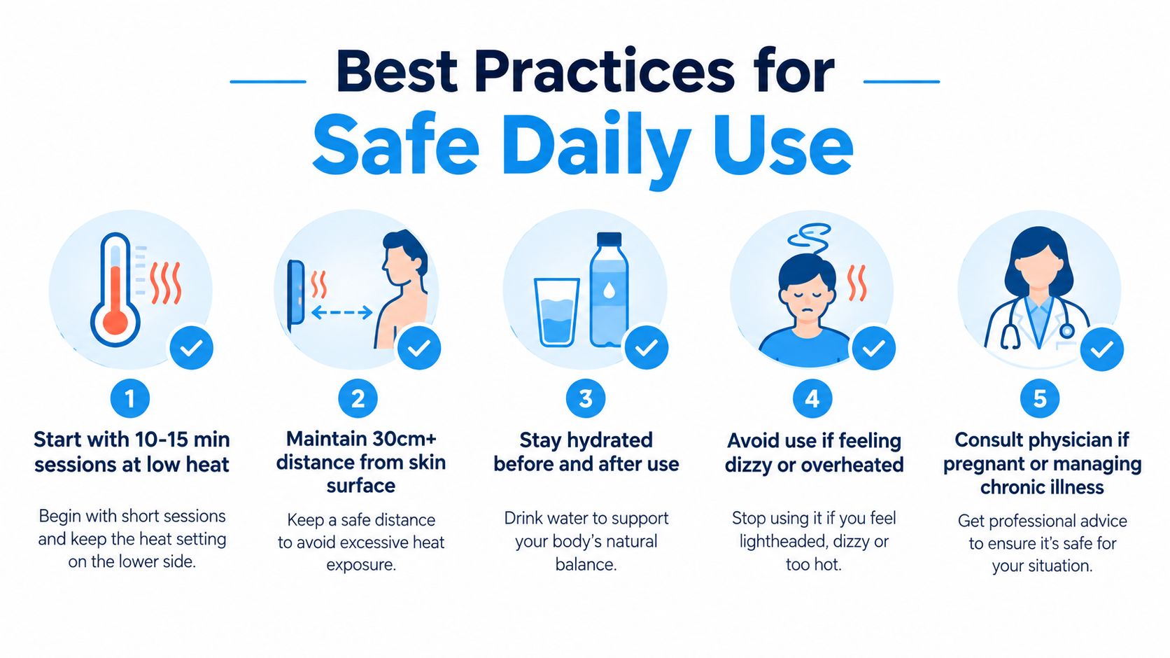 An infographic detailing five best practice safety tips for using infrared therapy devices effectively and safely.
