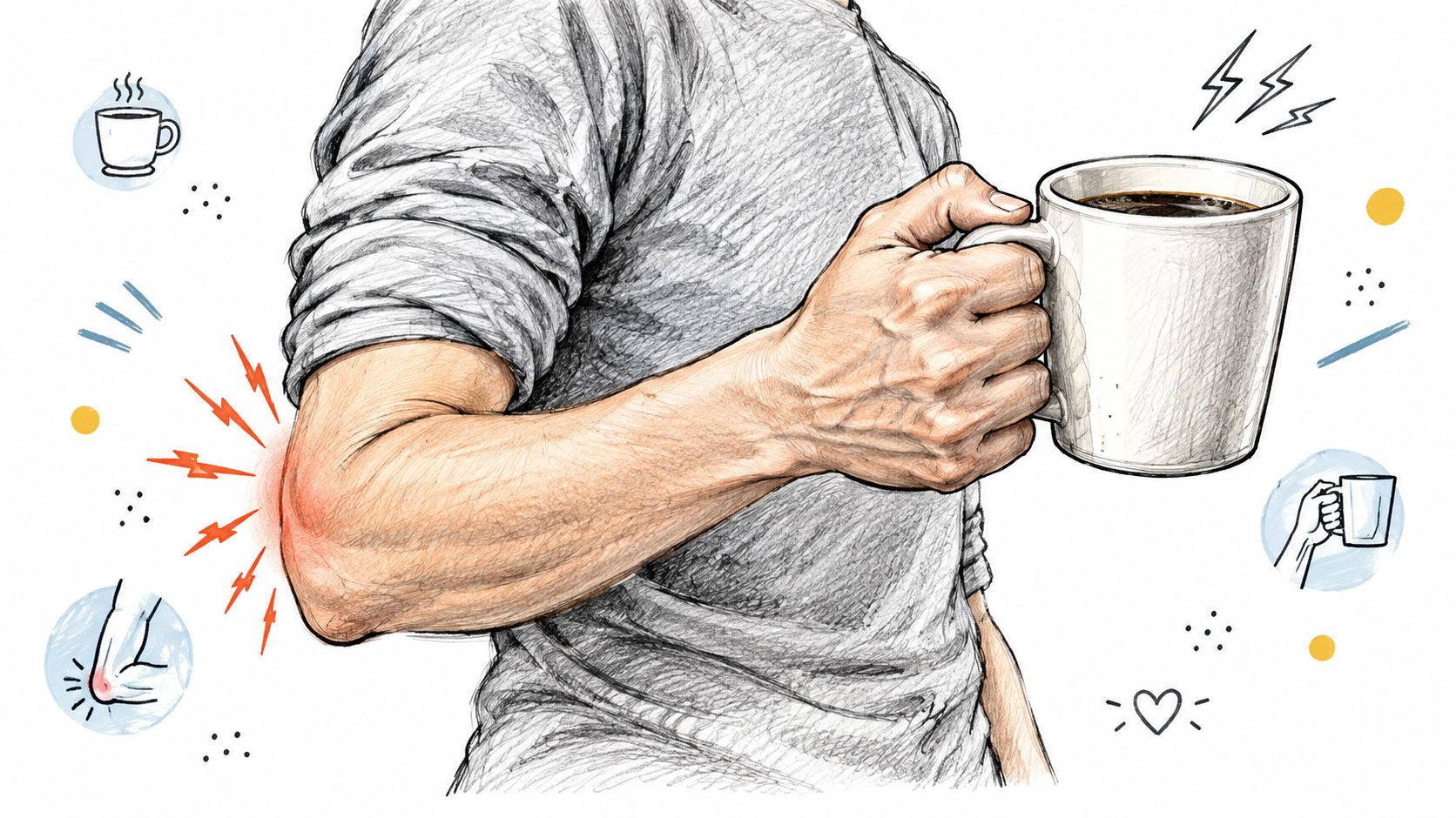 A sketched illustration of a person experiencing elbow pain while holding a cup of hot coffee.