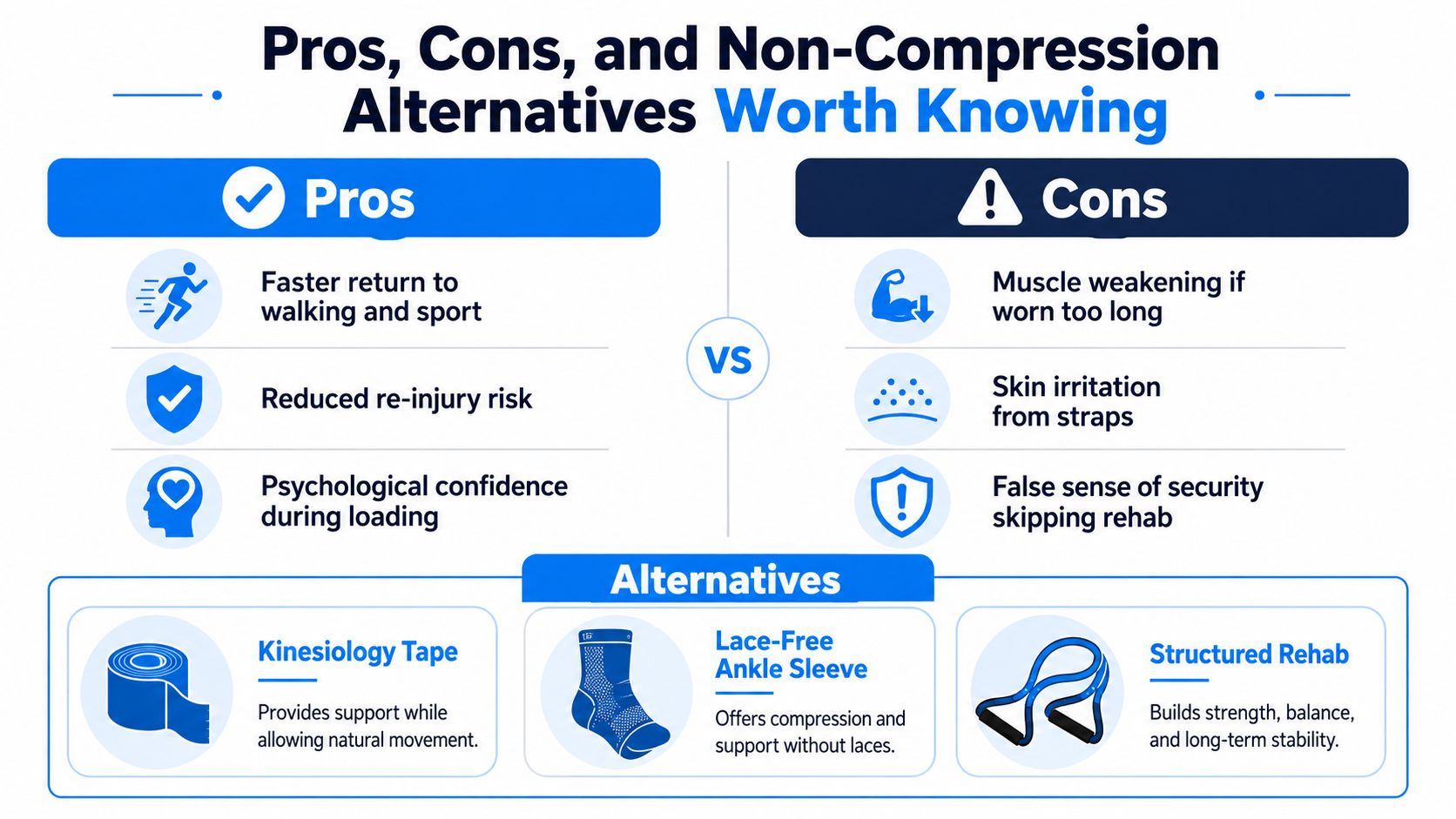 A graphic infographic detailing the pros, cons, and alternatives to wearing ankle braces for injuries.
