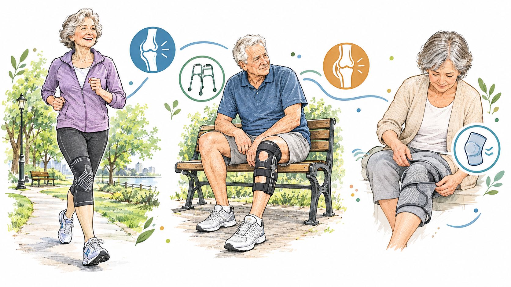 Seniors using various knee pain relief products like braces and supports to stay active and mobile.