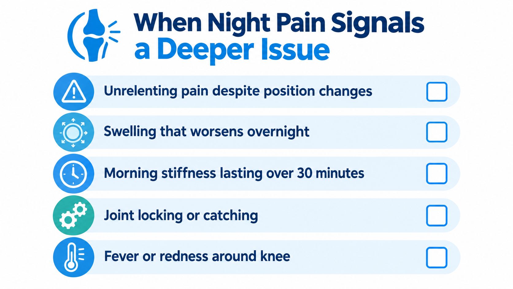 A checklist infographic outlining five warning signs of knee pain that may indicate a deeper underlying medical issue.