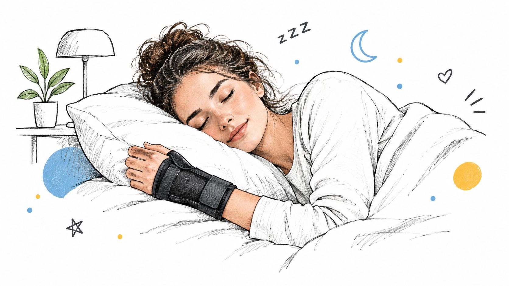 A woman sleeping comfortably in bed while wearing a black medical wrist brace on her arm.