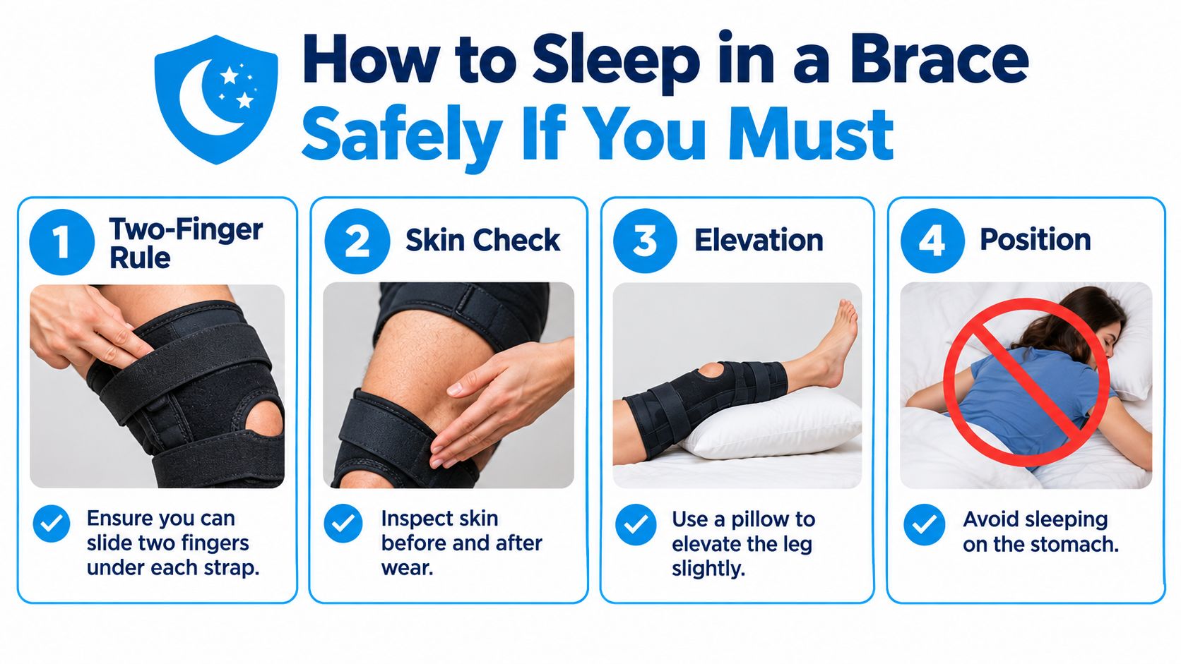 An instructional infographic detailing four safe tips for sleeping while wearing a knee brace.