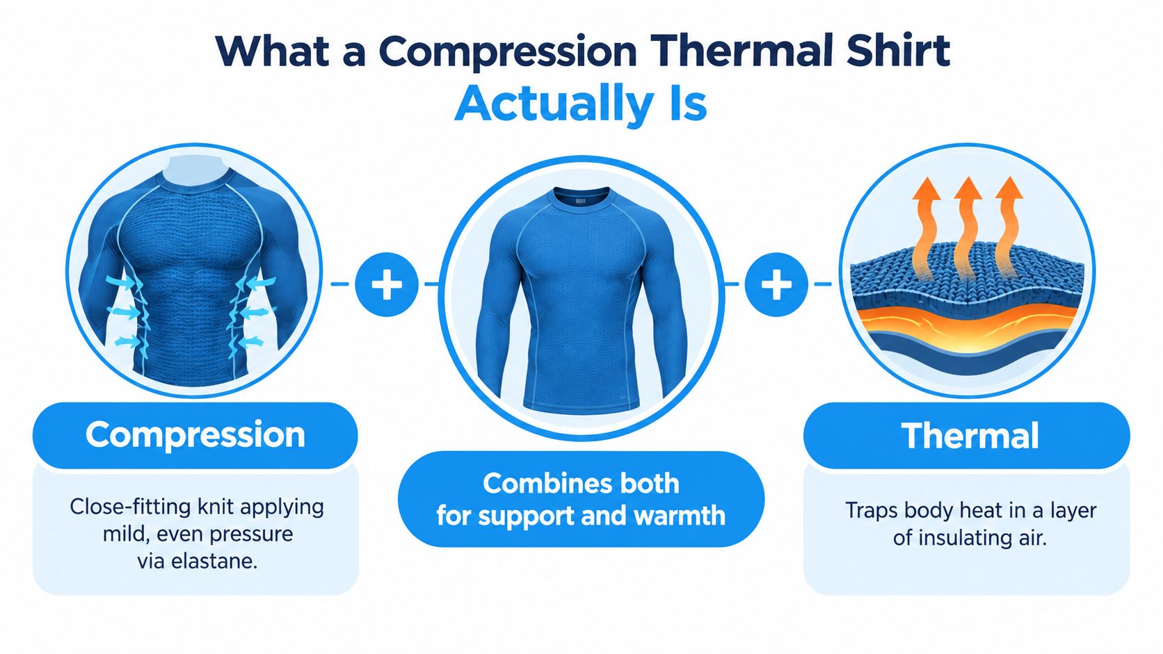 A diagram explaining that a compression thermal shirt combines muscle support with body heat retention insulation.