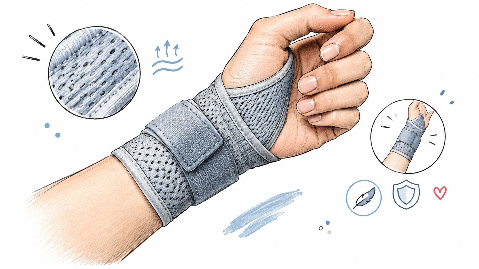 An illustration of a breathable wrist brace worn on a person's hand, highlighting comfort and support.