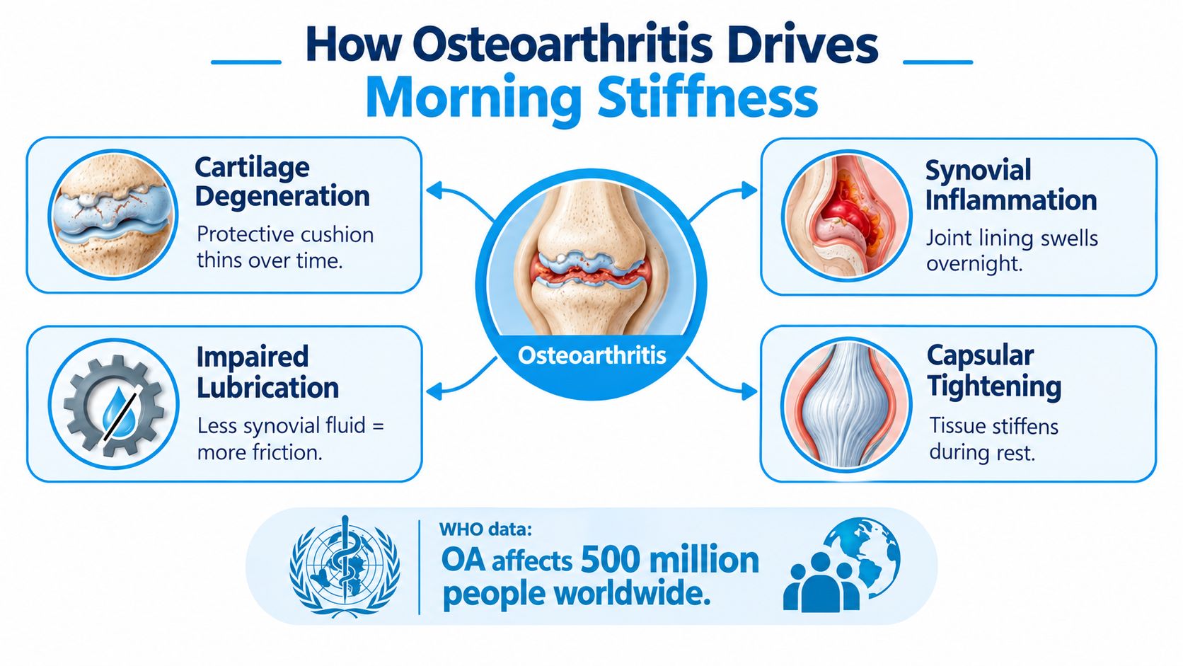 An educational infographic illustrating four main biological causes of morning joint stiffness due to osteoarthritis.