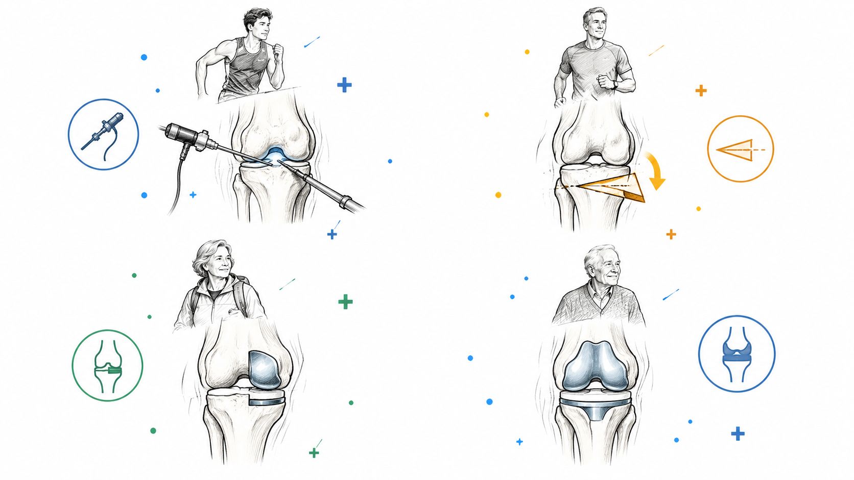 A diagram illustrating four different surgical and treatment options for osteoarthritis of the knee joint.