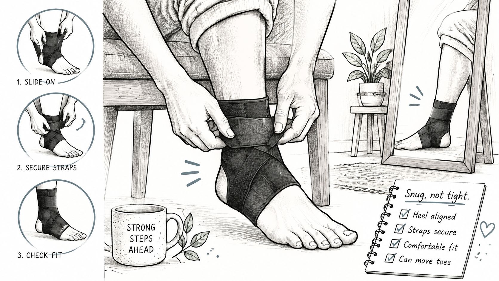 A diagram demonstrating how to properly put on a black adjustable ankle support brace on a foot.