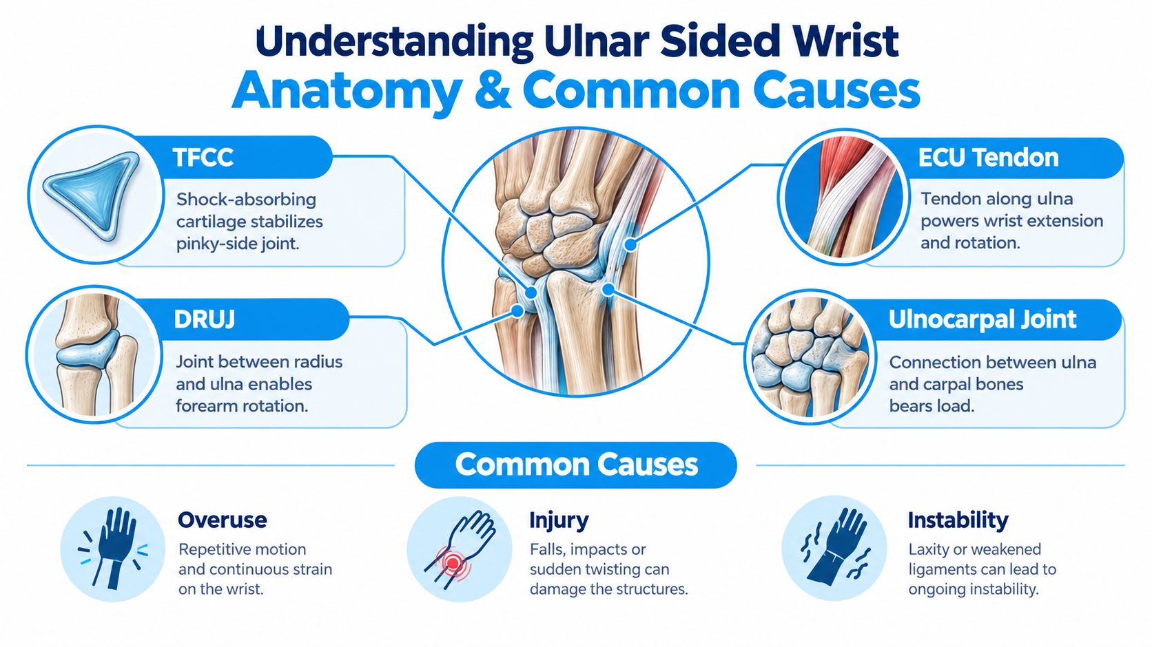 An infographic showing the anatomical structures of the ulnar-sided wrist and common causes of wrist pain.
