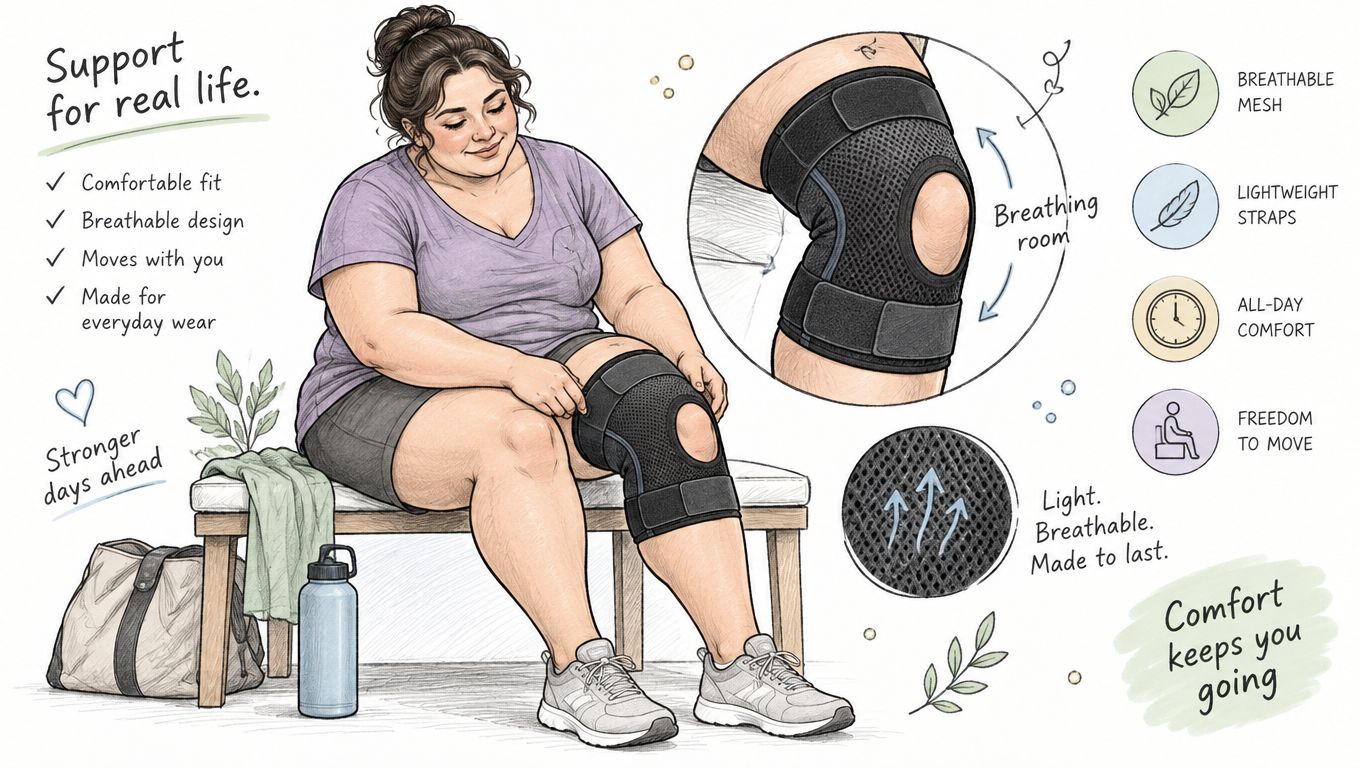 A plus-size woman adjusting a comfortable, breathable knee brace while sitting on a wooden bench.
